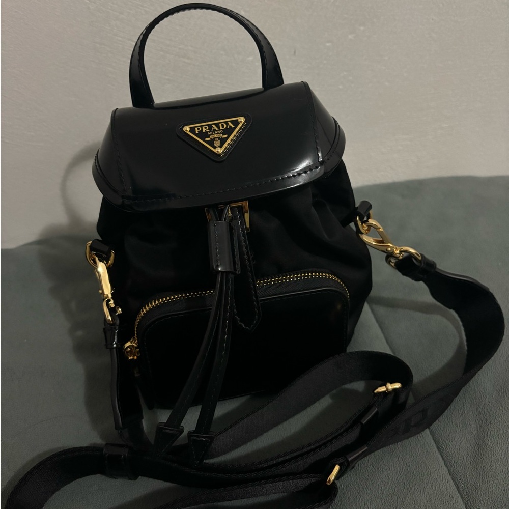 PRADA Black Re-Nylon And Brushed Leather Mini Backpack Bag